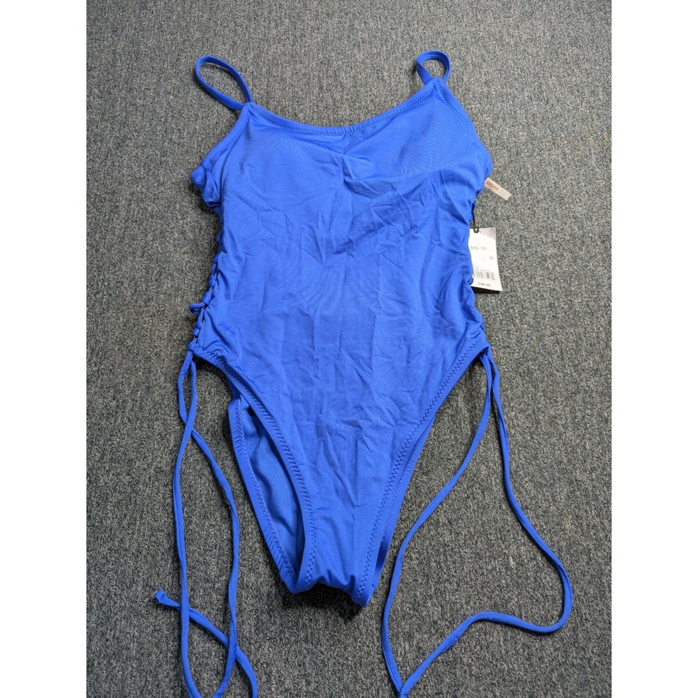 Shade & Shore Blue Lace Up Side One Piece Swimsuit Ribbed High Cut Womens Medium